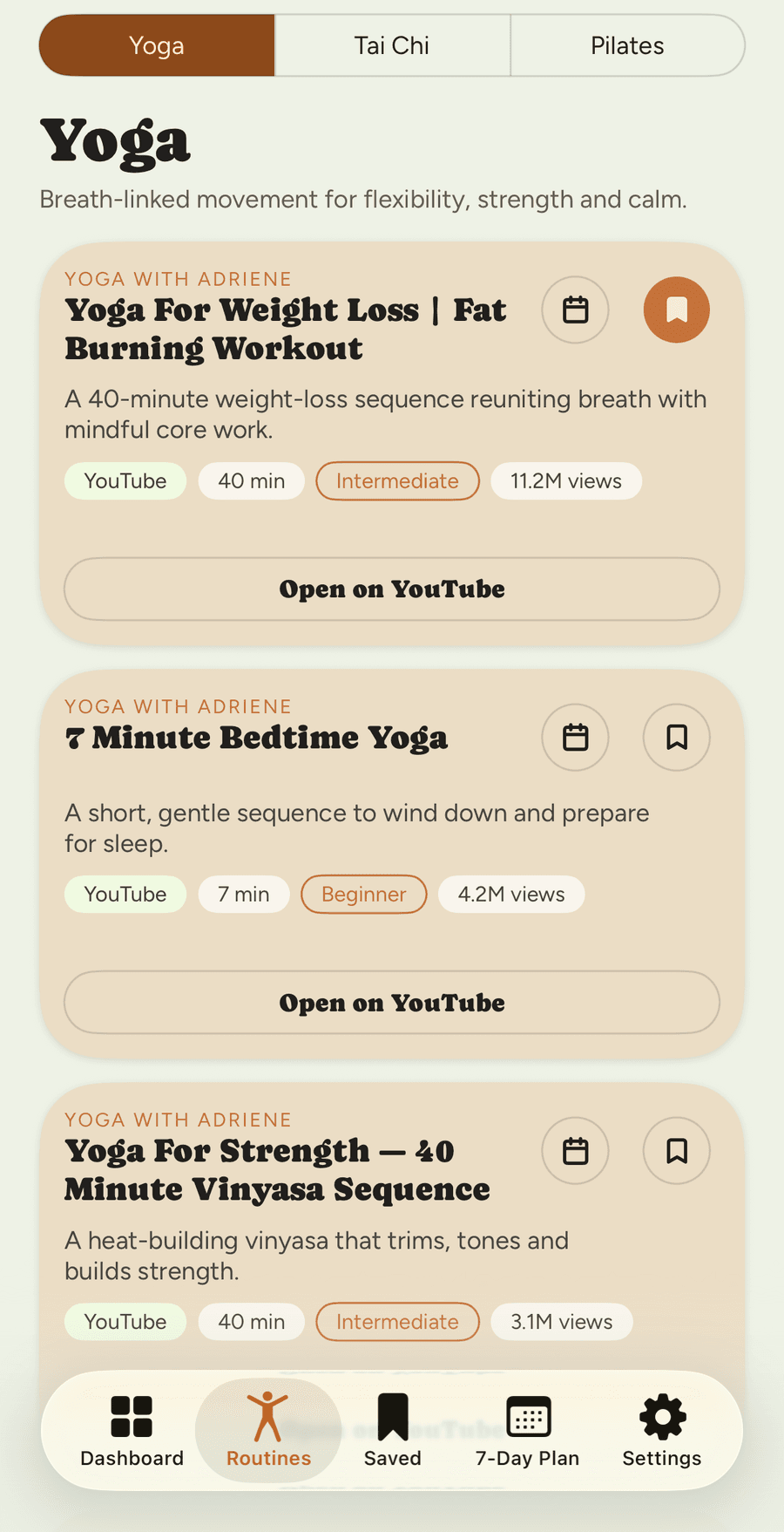 Trident's Yoga tab showing curated routine cards, each with a save button and an Open on YouTube button.