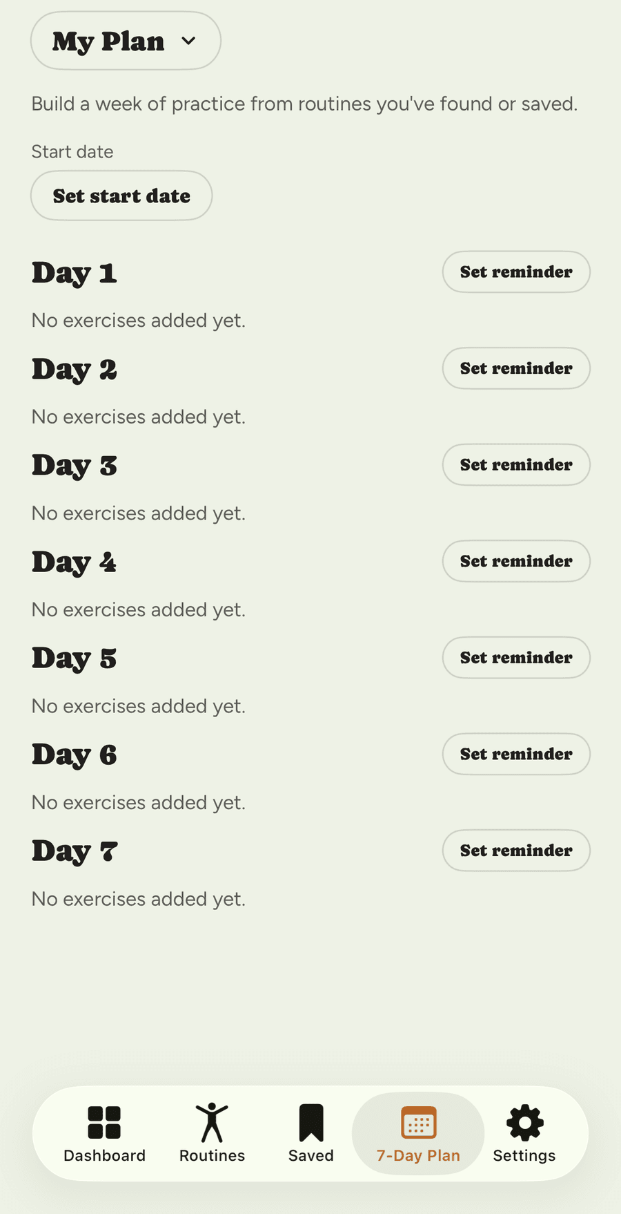 Trident's 7-Day Plan screen with a plan switcher, start date and Day 1 to Day 7 sections with reminder buttons.